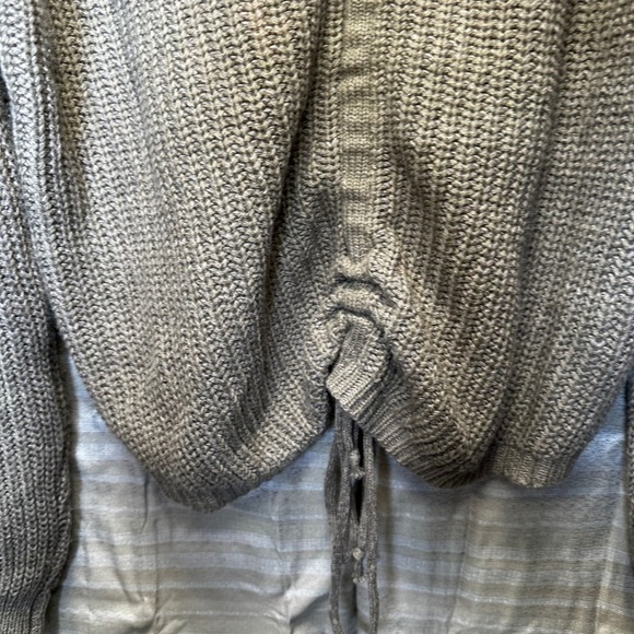 Love Tree Bohemian Knit Sweater Taupe V Neck Cinched Drawstring Cropped Sleeve S - Picture 3 of 9